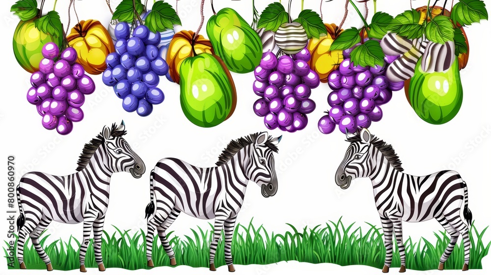 Naklejka premium A zebra stands next to two others beneath a line of grapes laden with fruit
