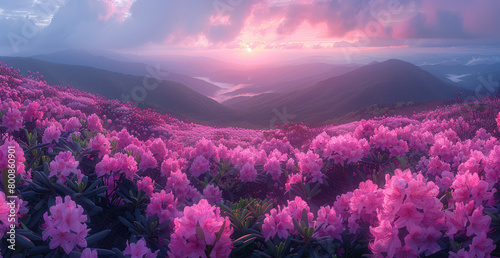 A large field of pink rhodendron flowers on the mountainside, a wide view, sunrise. Created with Ai