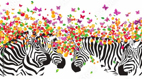   A gathering of zebras aligned beside one another  facing a gaggle of butterflies and confetti