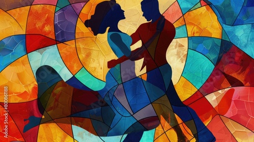An abstract cubist painting depicting a Latin American Hispanic male and female couple doing the ballroom Calypso dance