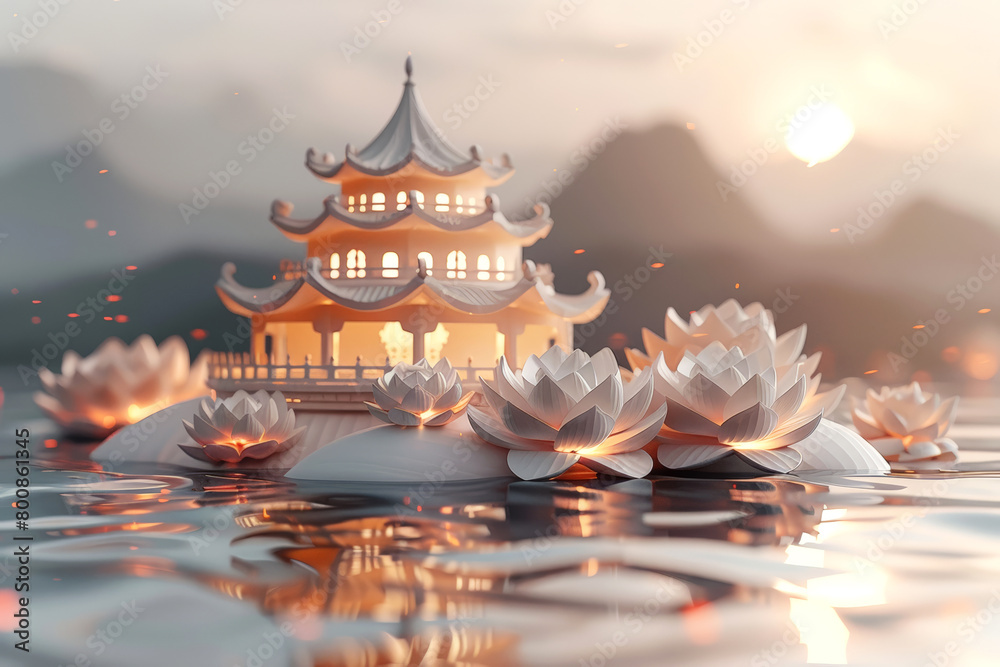 Obraz premium Tranquil temple amidst lotus flowers at sunset, embodying peace and serenity in a spiritual setting. Vesak Day greeting card.