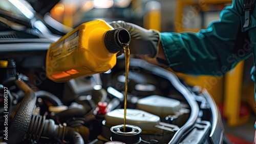 A male mechanic at a repair station replenishing a car's oil