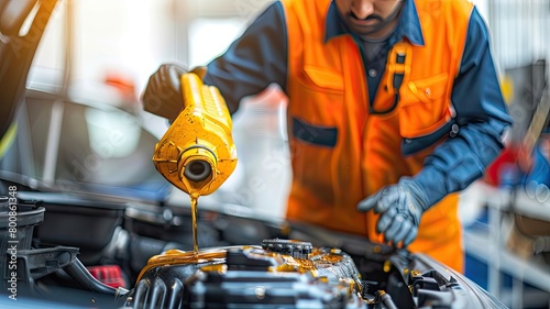 A male mechanic at a repair station replenishing a car's oil