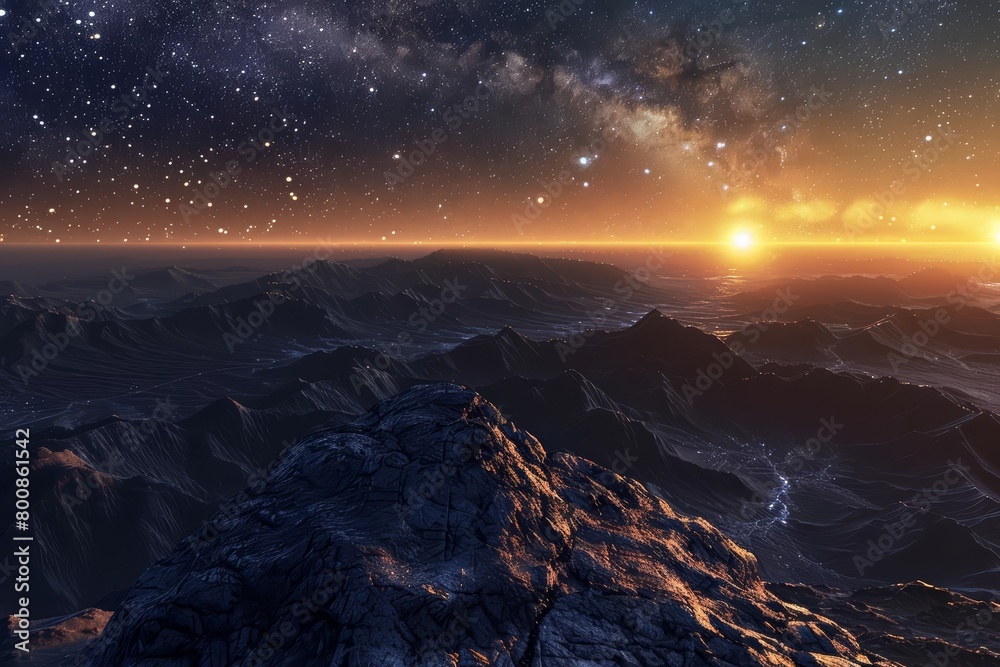 A beautiful landscape of a distant planet with a bright shining sun and a starry night sky