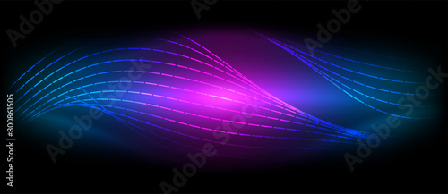 A mesmerizing visual effect with a blend of purple, magenta, and neon blue waves on a black background. This entertainment display combines font, lens flare, and gaslike water reflections