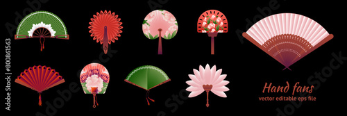 Japanese fans. Chinese hand tradition accessories, Japan paper, oriental china style collection, wind souvenir with flowers and leaves print. Asian decorative element. Vector vintage icons set
