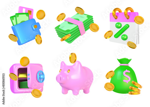 3D money. Gold coins and banknotes. Wallet bag. Piggy bank. Credit card and cash. Safe for dollars. Win in casino. Finance savings. Currency investment. Vector financial render icons set