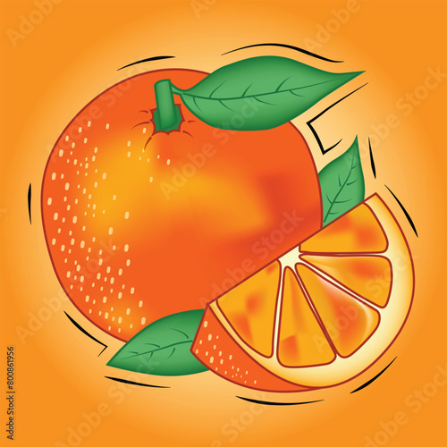Orange fruit with cut in half and green leaves isolated on orang background