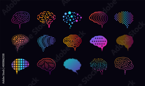 Brain logo. Abstract AI icons. Psychology symbols. Neural science artificial data. Cyber technology. Genius cerebrum. Logic and mind. Color gradient signs. Vector line pictograms set