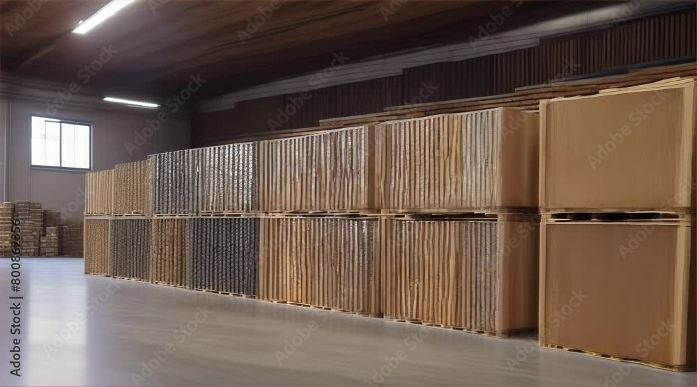 Stacked Wooden Boxes in Industrial Warehouse with urban architecture and ample light. Stacked Wooden Boxes in Industrial Warehouse with urban architecture and ample light.