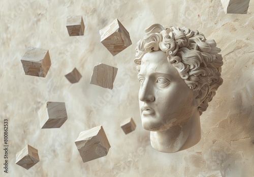 A classic sculpture's bust is captured alongside levitating cubes in a sandy textured backdrop, evoking a sense of timeless surrealism