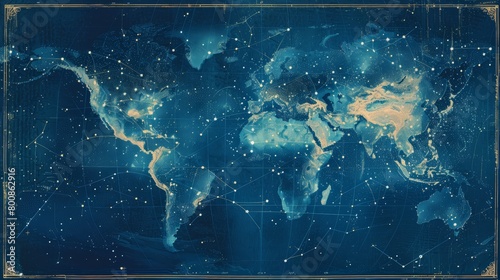 Vintage-style star map with constellation lines and celestial coordinates