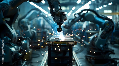 Automated Precision A Robot Wielding Mastery in the Modern Automotive Factory Generative ai photo