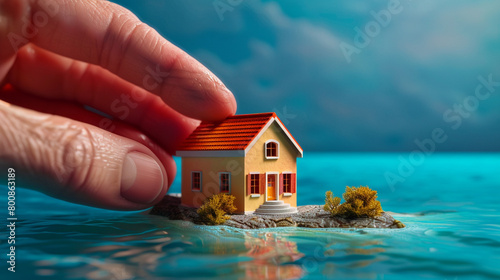 Fingers carefully showcase a 3D Max miniature house against a backdrop of tranquil ocean blue