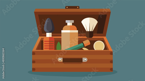 A wooden box filled with luxurious shaving essentials including a fine badger hair brush and a designer razor..