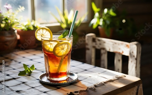 Glass of iced tea with lemon and mint on wooden table