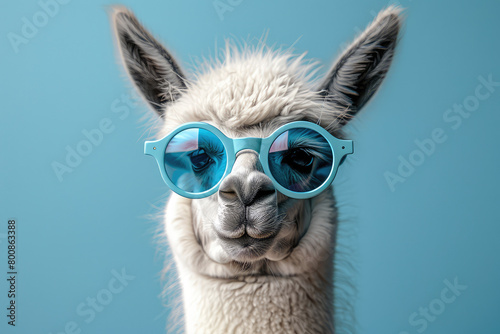 portrait of an alpaca wearing blue sunglasses. Created with Ai