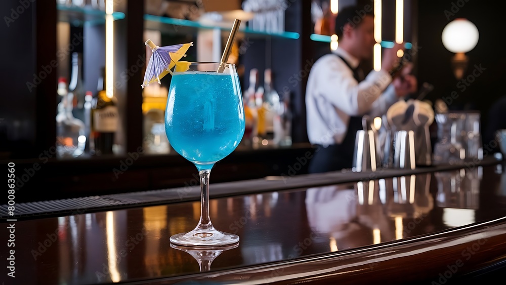 Glass with blue cocktail on a bar
