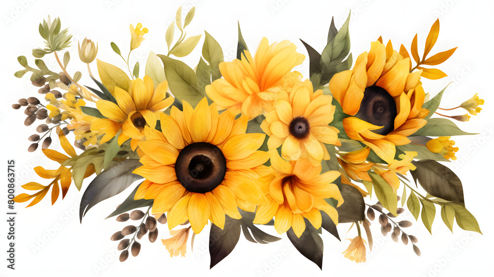 Digital vintage watercolor sunflower floral bouquet abstract graphic poster web page PPT background