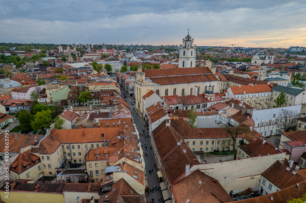 Aerial spring view of Pilies Street, Vilnius old town, Lithuania