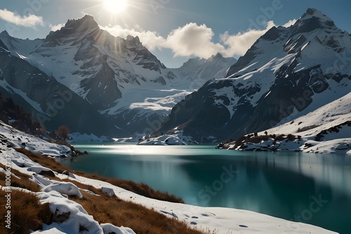 Crystal lake running through Alpine valleys, lake louise banff national park, beautiful swiss lake in the mountain and valley, natural scenic valley in the mountains