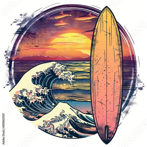 prancha de surf com ondas do mar, em estilo de imagem de postal photo
