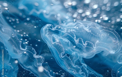 Close-up of translucent jellyfish tentacles with intricate patterns and vibrant blue hues. The scene captures the fluid motion of the tentacles and the sparkling effect against a blurred backdrop