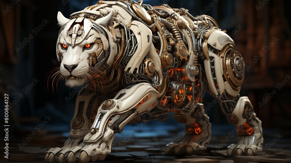 Fototapeta premium Amidst the hum of machinery a bionic tiger clashes with a synthetic bear in a relentless struggle for dominance. 3D Over Action realistic