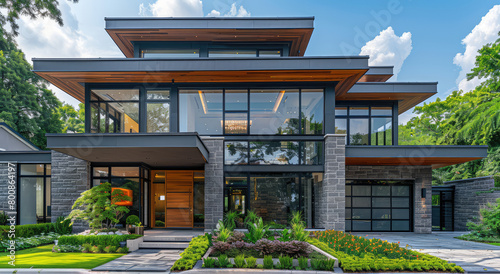  Modern two-story house in Vancouver  front view  large garage and carport on the left side of the home  steel windows with black frames  dark gray stone exterior walls with wood accents. 