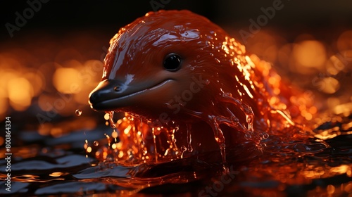  The dolphin felt enchanted swimming in a river of molten lava flowing through a snow-covered mountain.  3D Over Action realistic