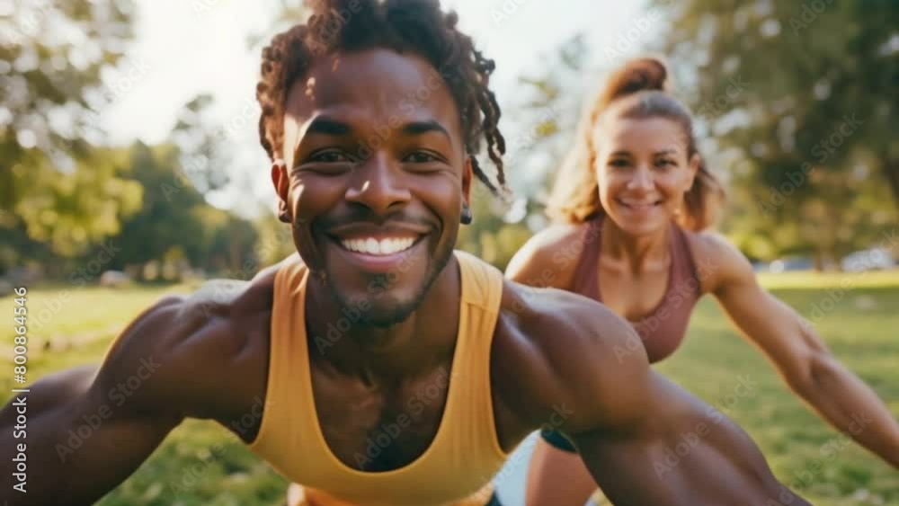 Fit happy young man and woman exercising in the park