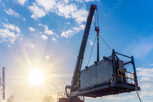 Crane lifting generator under sunny sky photo