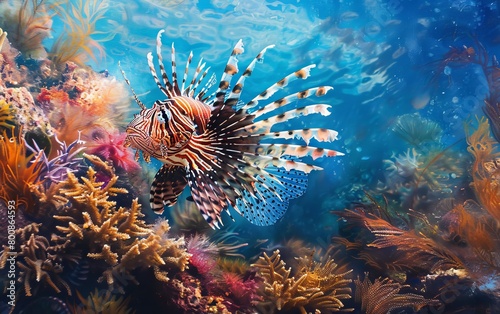 A majestic lionfish with extended fins swims among a splendidly colorful coral reef  showcasing the diverse beauty of marine life