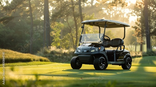 Black luxury golf cart on a green field, with trees in the background. © Doni_Art