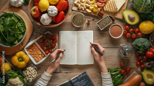 Young Dietitian writing diet plan, view from above on table with different healthy products