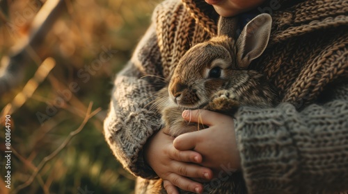 little boy is holding a little rabbit