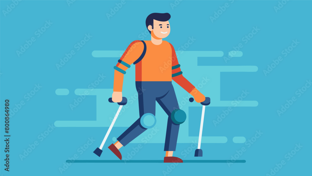 Obraz premium A disabled veteran proudly showing off their mindcontrolled robotic legs allowing them to walk again after years of being confined to a wheelchair..