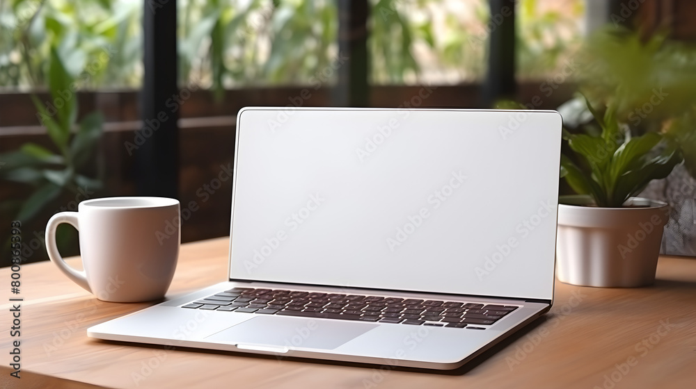 Workspace background new project on laptop computer with blank copy space screen for your advertising text message Laptop with blank screen on table.
