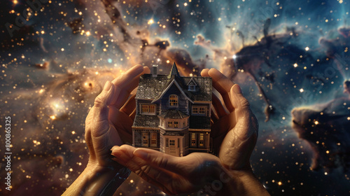 Hands cradle a 3D Max miniature house amidst a celestial backdrop of twinkling stars and deep space