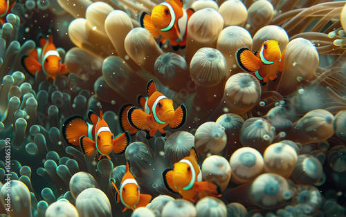 A school of clownfish huddled together in anemones, creating intricate patterns with their orange and white stripes. The fish focused on their faces