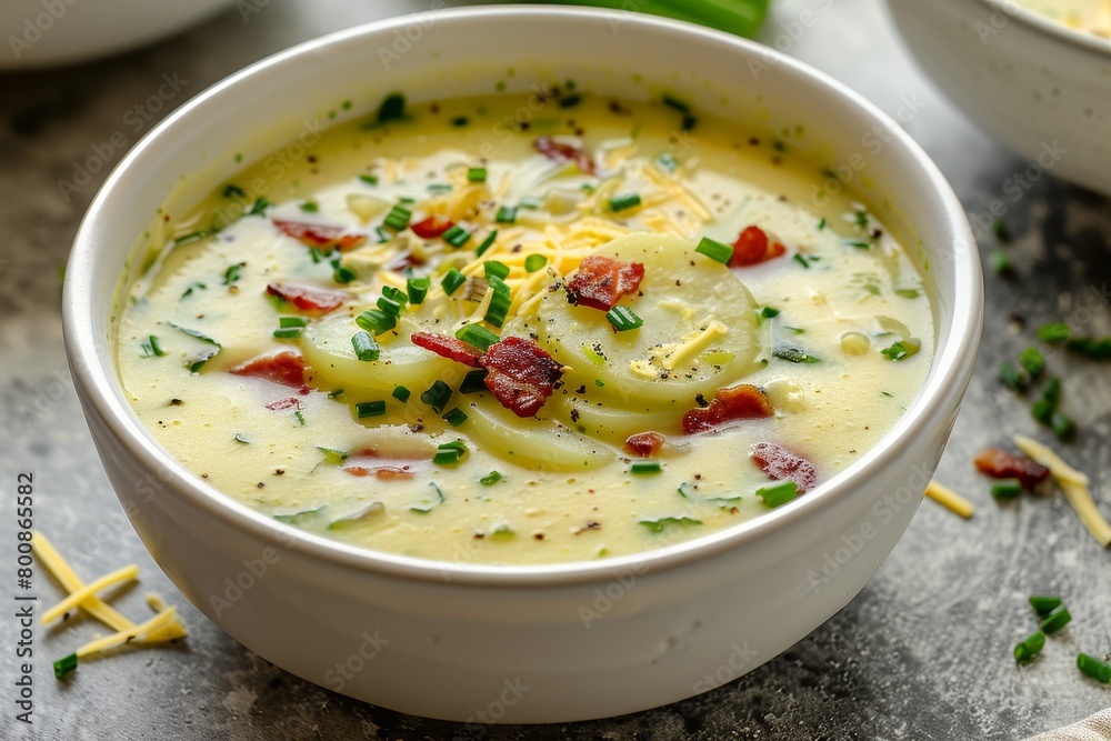Creamy zucchini soup with potatoes onions cheese bacon and celery in white bowl on stone table Top view Creamy zucchini soup with potatoes onions cheese bacon and celery in white bowl on stone table Top view