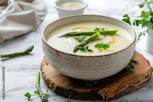 Creamy white asparagus soup on marble background Served in ceramic bowl on wooden board Homemade and healthy