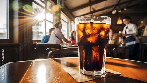 Iced cola glass on table in restaurant sunflare effect processing
