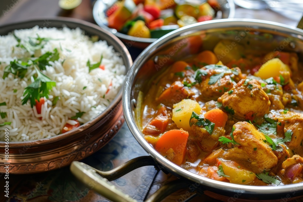 Curries with Indian chicken vegetables and pilau rice Curries with Indian chicken vegetables and pilau rice