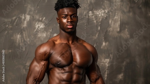 Black male model with muscular upper body Bodybuilder with bare chest showing off his figure