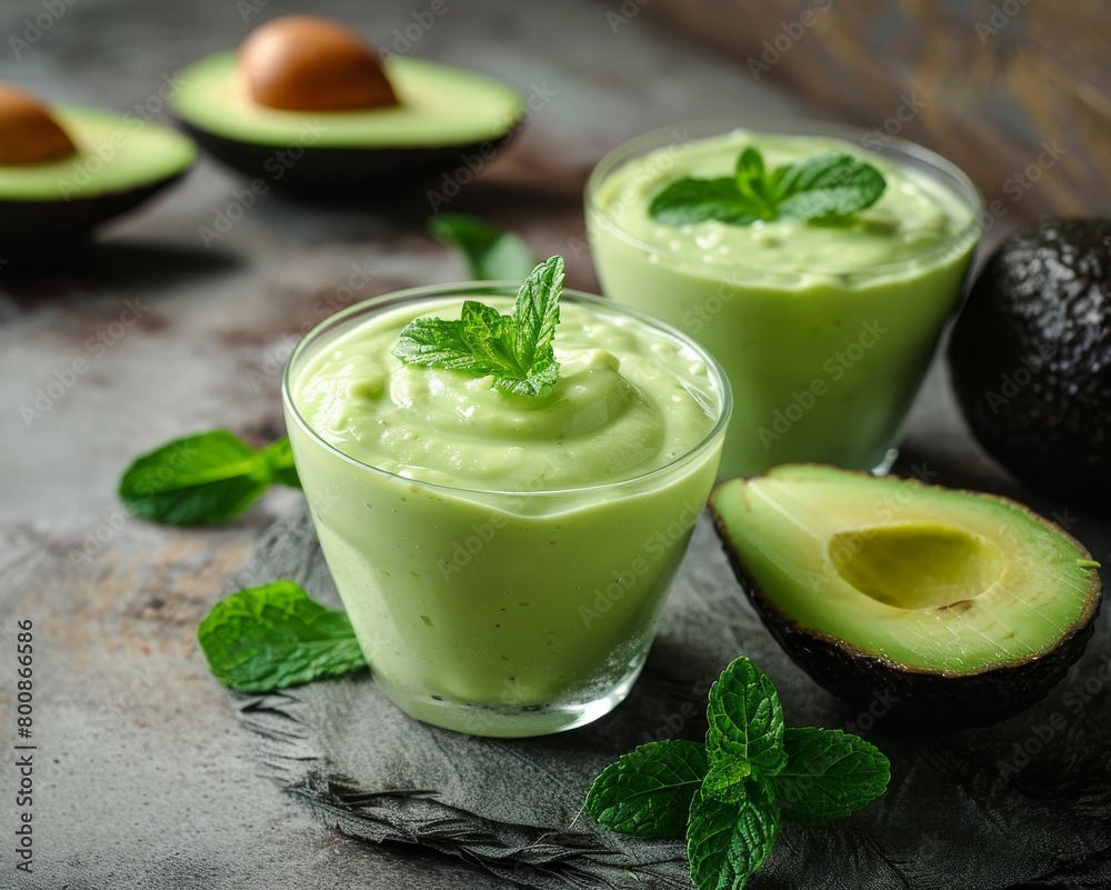 Fresh homemade avocado pudding with mint Fresh homemade avocado pudding with mint