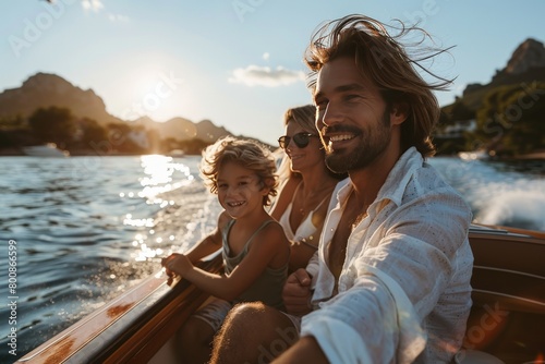 Memorable family outing on a scenic boat ride. © Nattadesh