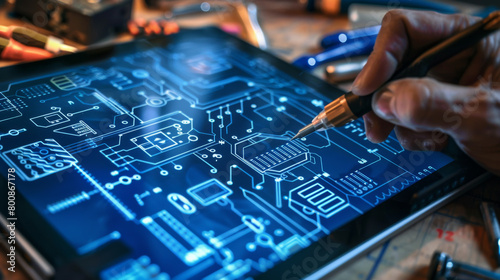 Focused technician plotting electronic schematics on a digital device with various engineering tools and components spread out. photo