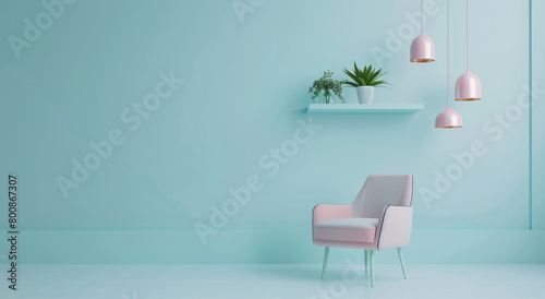A serene and minimalistic interior design of an empty room with light blue walls, featuring soft pastel colors for furniture like a pink armchair or sofa © Kien