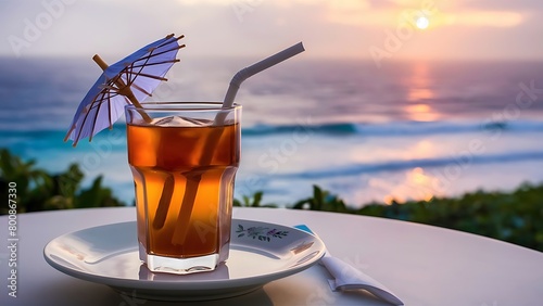 Sea s tranquility iced tea with breathtaking ocean view photo